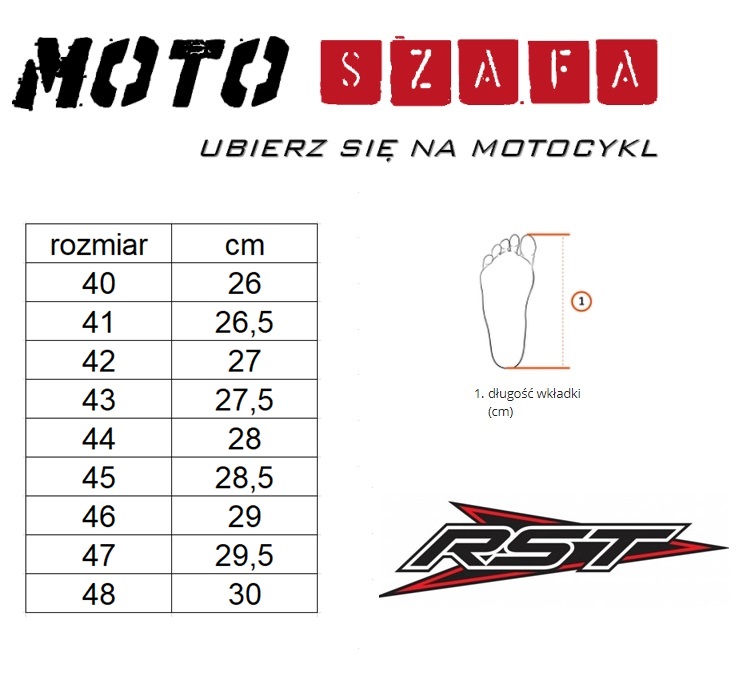 Tabela rozmiarów dla butów marki RST